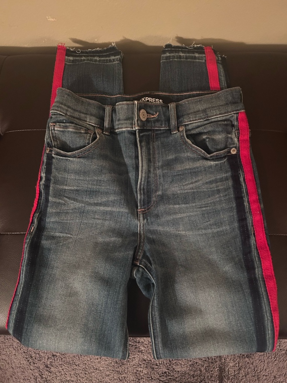 Express Women’s Dark Indigo Jeans with Bright Red and Navy Blue Side Stripes